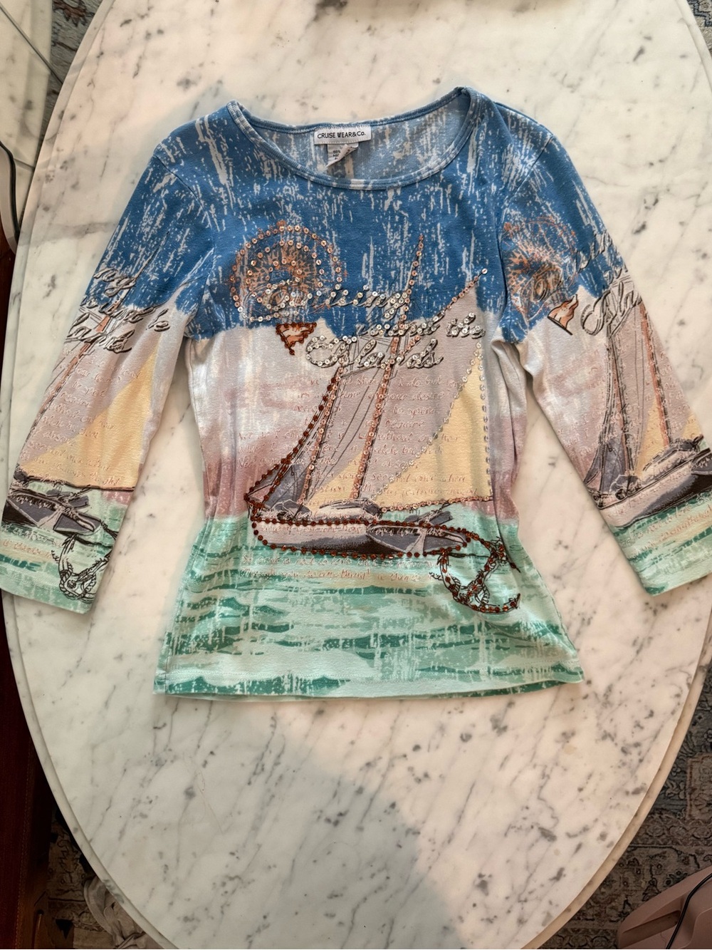 Blue Multicolor Sailboat Sequin Long Sleeve Tee